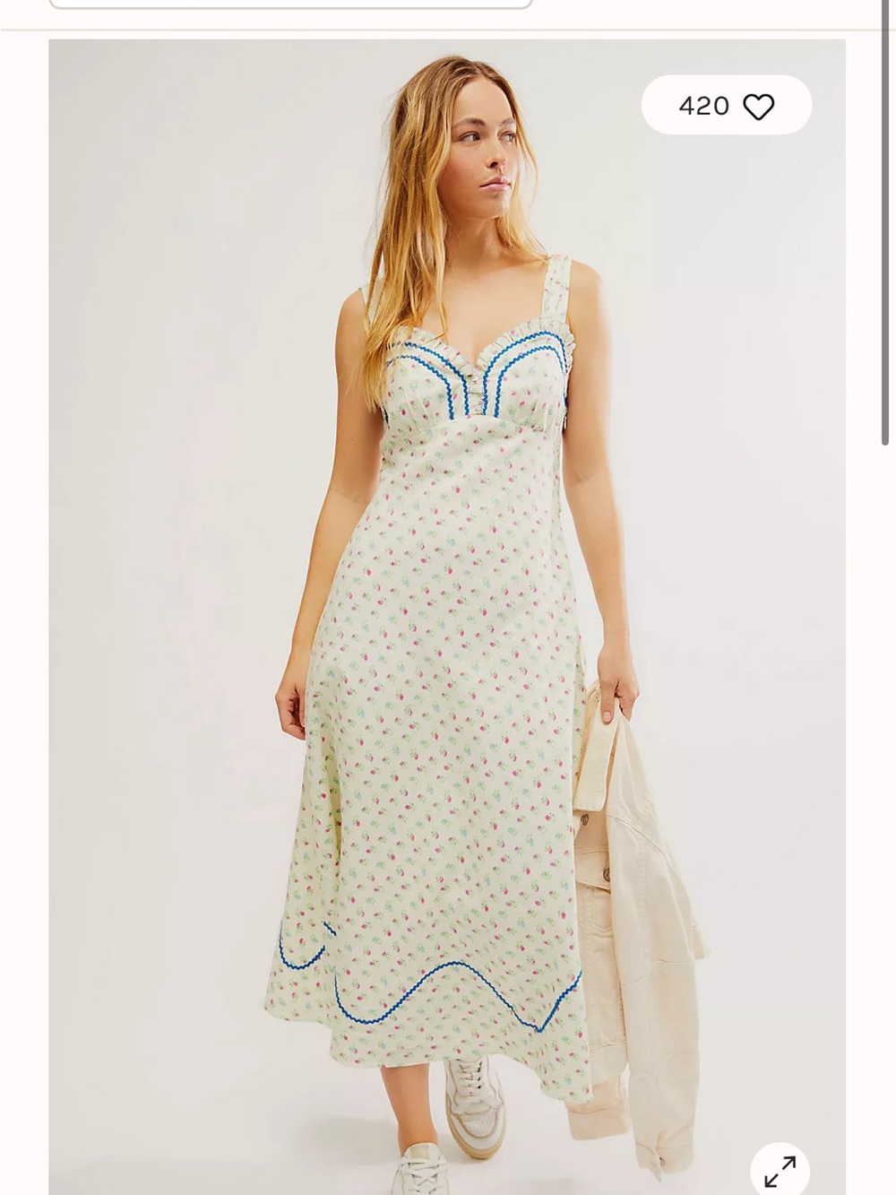 Free People Light Crram Floral Vintage. Style Maxi Dress with Blue Trim